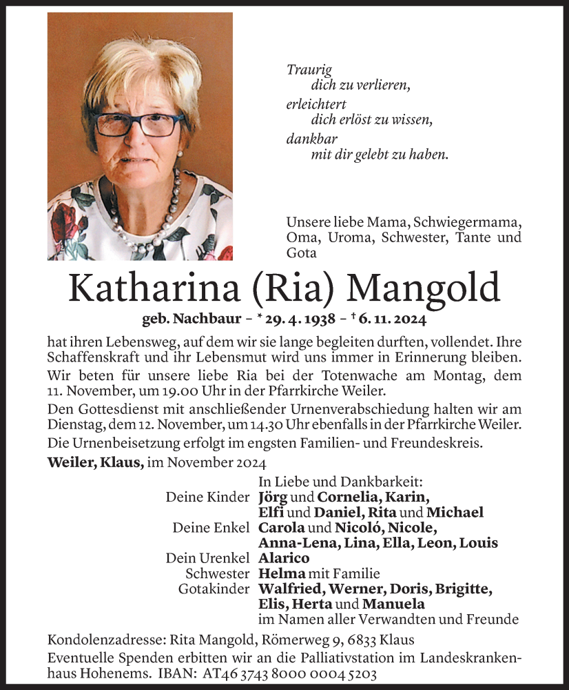  Todesanzeige für Katharina Mangold vom 07.11.2024 aus Vorarlberger Nachrichten