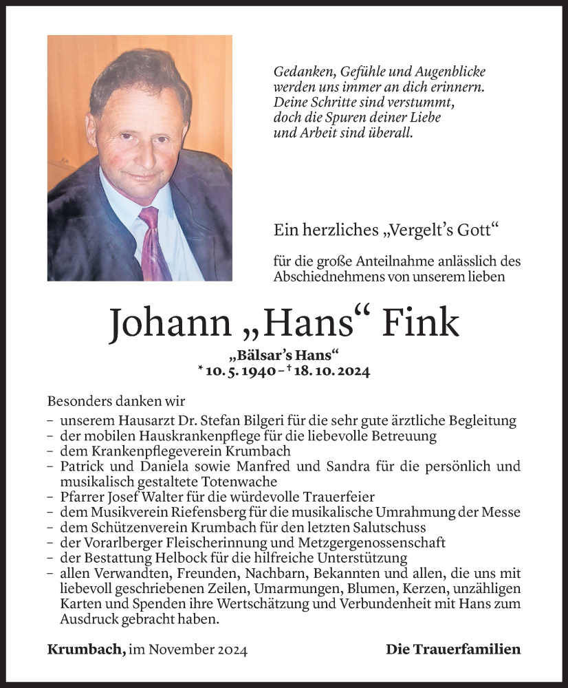  Todesanzeige für Johann Fink vom 14.11.2024 aus Vorarlberger Nachrichten