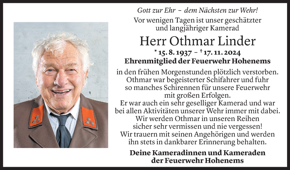  Todesanzeige für Othmar Linder vom 19.11.2024 aus Vorarlberger Nachrichten