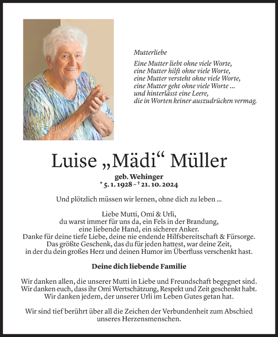 Todesanzeige von Luise Müller von Vorarlberger Nachrichten