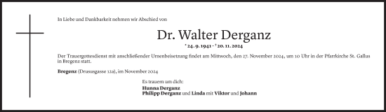 Todesanzeige von Walter Derganz von Vorarlberger Nachrichten