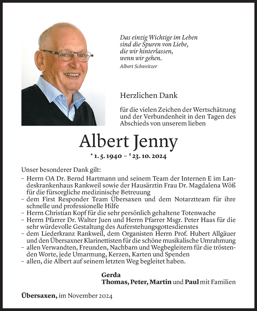  Todesanzeige für Albert Jenny vom 29.11.2024 aus Vorarlberger Nachrichten