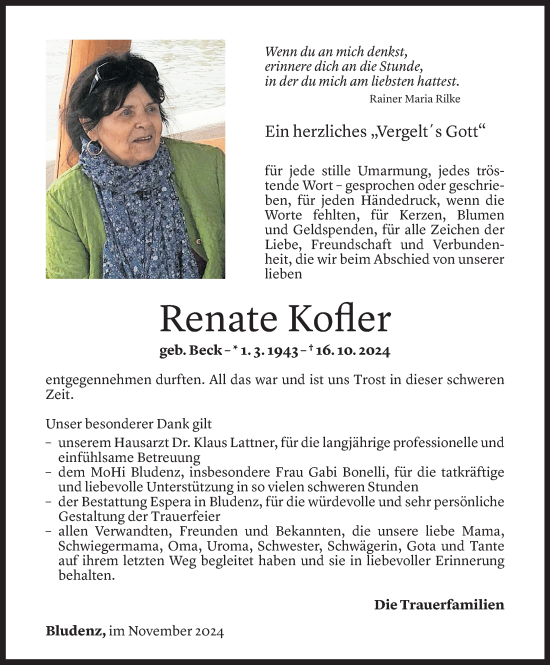 Todesanzeige von Renate Kofler von Vorarlberger Nachrichten