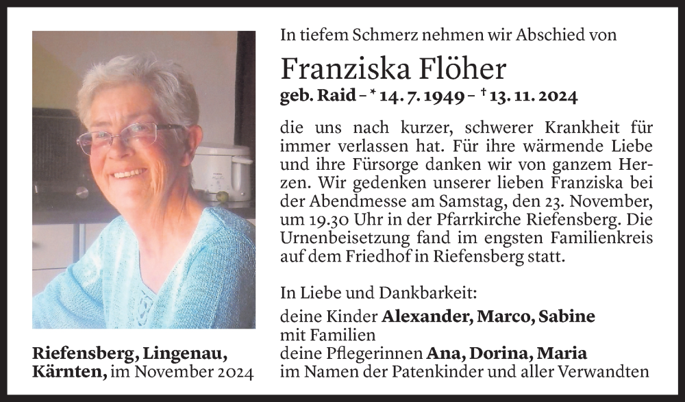  Todesanzeige für Franziska Flöher vom 20.11.2024 aus Vorarlberger Nachrichten