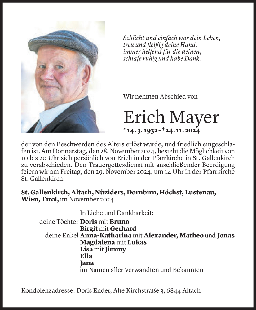  Todesanzeige für Erich Mayer vom 26.11.2024 aus Vorarlberger Nachrichten