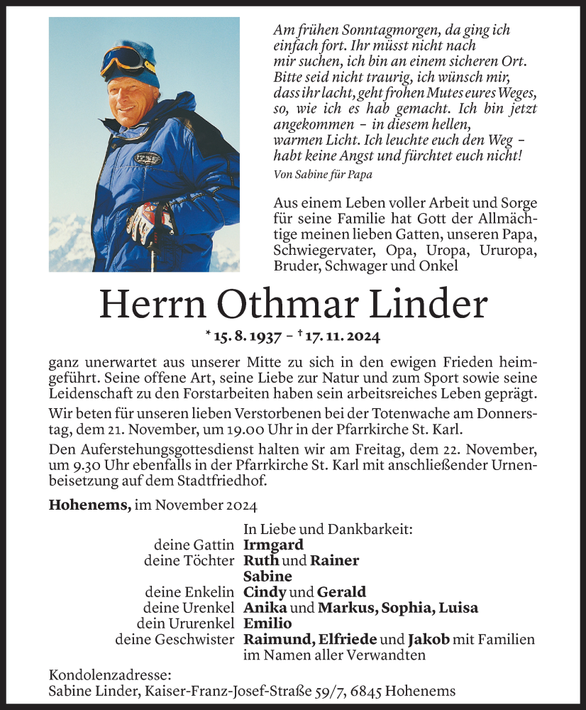  Todesanzeige für Othmar Linder vom 18.11.2024 aus Vorarlberger Nachrichten