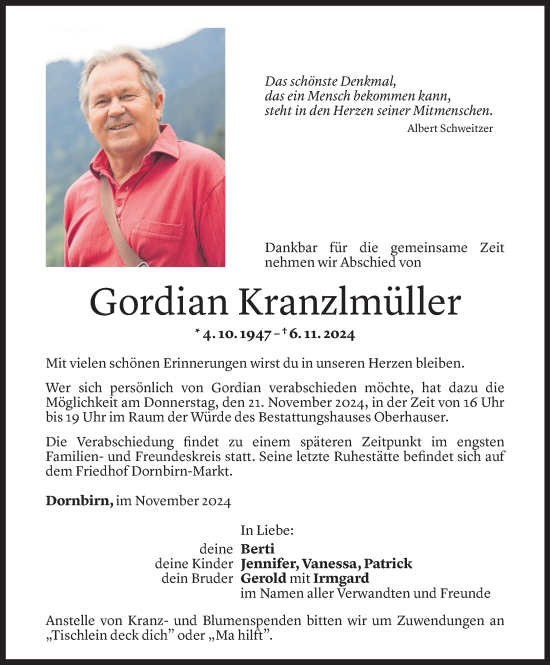 Todesanzeige von Gordian Kranzlmüller von Vorarlberger Nachrichten