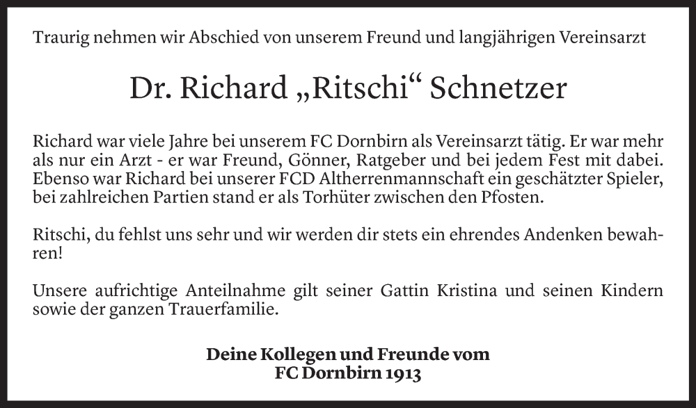  Todesanzeige für Richard Schnetzer vom 06.11.2024 aus Vorarlberger Nachrichten