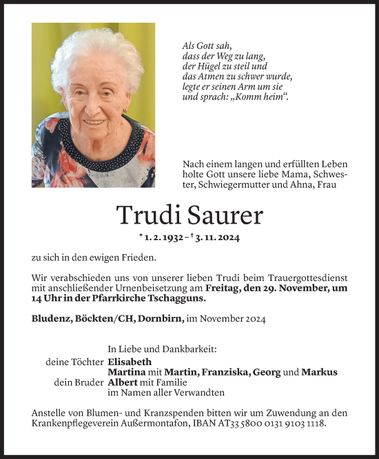 Todesanzeige von Trudi Saurer von Vorarlberger Nachrichten