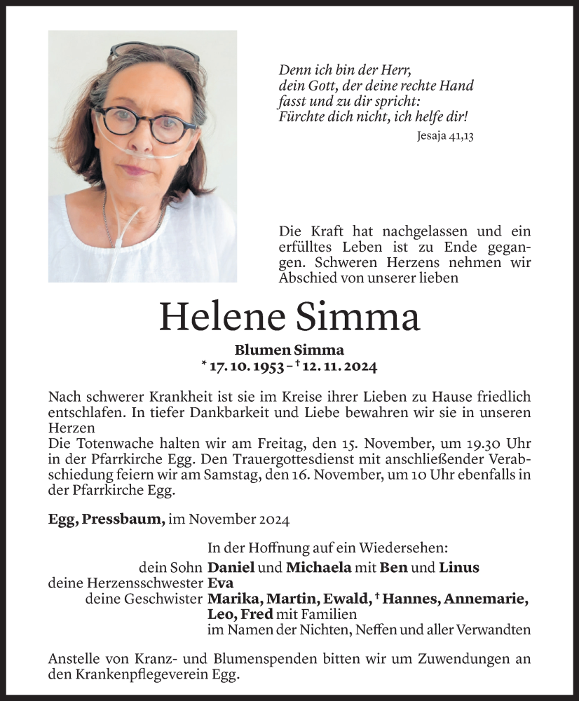  Todesanzeige für Helene Simma vom 14.11.2024 aus Vorarlberger Nachrichten