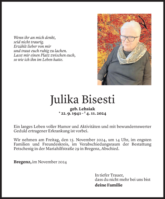 Todesanzeige von Julika Bisesti von Vorarlberger Nachrichten