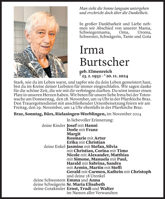 Todesanzeige von Irma Burtscher von Vorarlberger Nachrichten