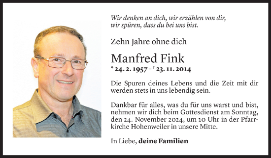 Todesanzeige von Manfred Fink von Vorarlberger Nachrichten