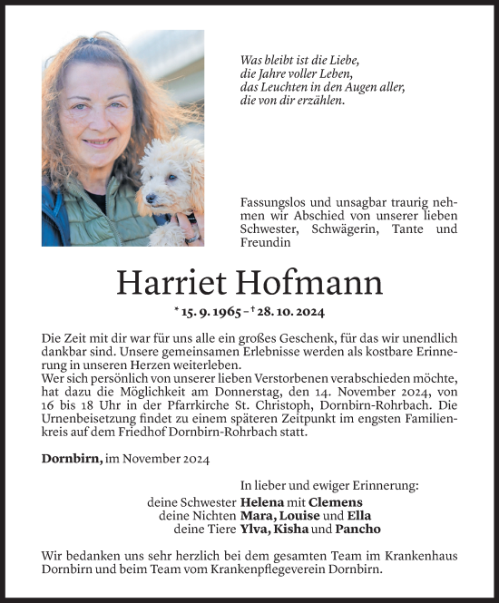 Todesanzeige von Harriet Hofmann von Vorarlberger Nachrichten