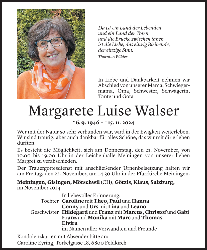  Todesanzeige für Margarete Luise Walser vom 18.11.2024 aus Vorarlberger Nachrichten