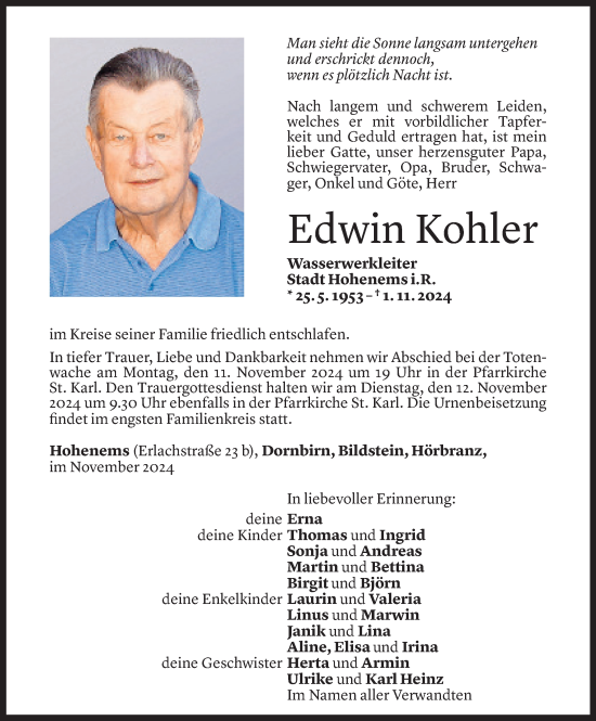 Todesanzeige von Edwin Kohler von Vorarlberger Nachrichten