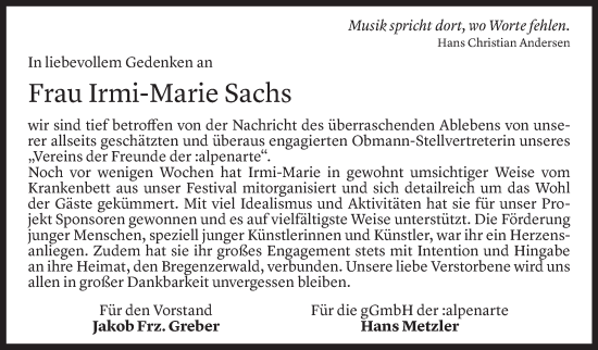 Todesanzeige von Irmi-Marie Sachs von Vorarlberger Nachrichten