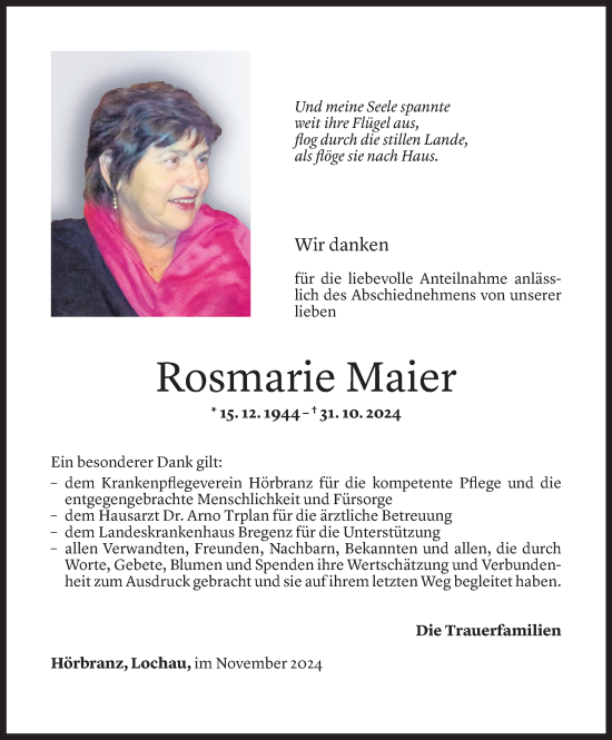 Todesanzeige von Rosmarie Maier von Vorarlberger Nachrichten