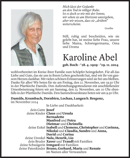 Todesanzeige von Karoline Abel von Vorarlberger Nachrichten