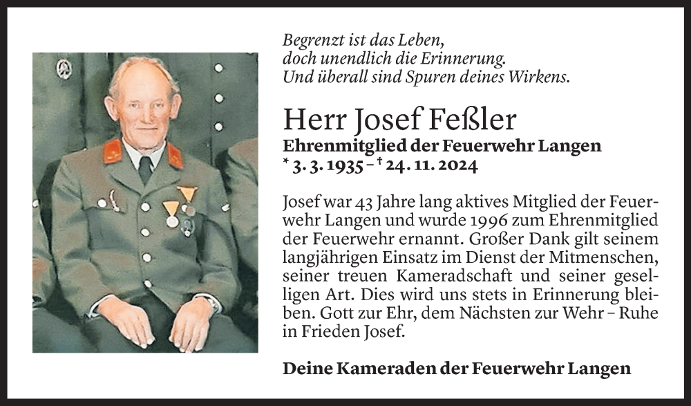  Todesanzeige für Josef Feßler vom 27.11.2024 aus Vorarlberger Nachrichten