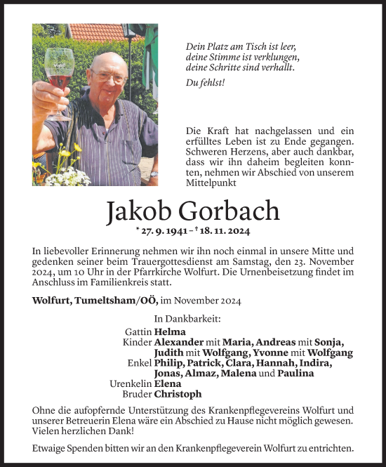 Todesanzeige von Jakob Gorbach von Vorarlberger Nachrichten