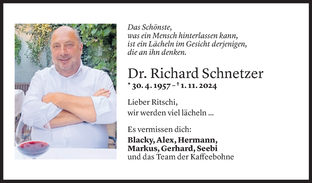  Todesanzeige für Richard Schnetzer vom 06.11.2024 aus Vorarlberger Nachrichten