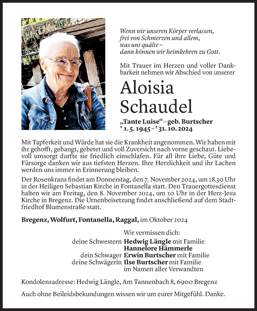  Todesanzeige für Aloisia Schaudel vom 04.11.2024 aus Vorarlberger Nachrichten