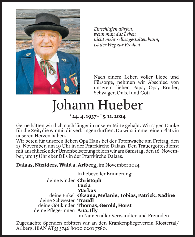  Todesanzeige für Johann Hueber vom 13.11.2024 aus Vorarlberger Nachrichten