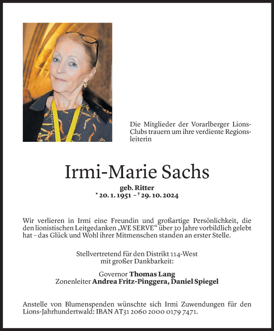 Todesanzeige von Irmi-Marie Sachs von Vorarlberger Nachrichten