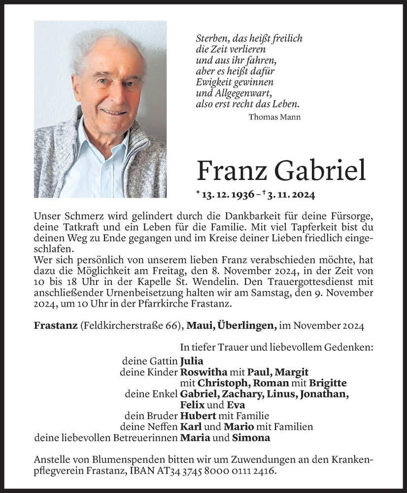  Todesanzeige für Franz Gabriel vom 05.11.2024 aus Vorarlberger Nachrichten