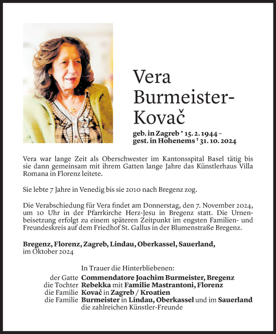 Todesanzeige von Vera Burmeister-Kovac von Vorarlberger Nachrichten