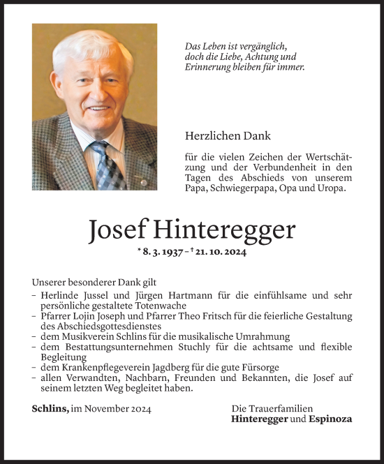 Todesanzeige von Josef Hinteregger von Vorarlberger Nachrichten