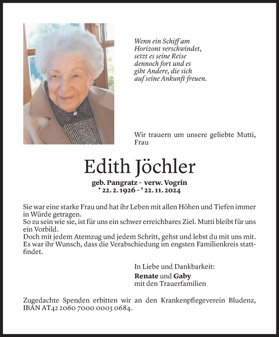 Todesanzeige von Edith Jöchler von Vorarlberger Nachrichten