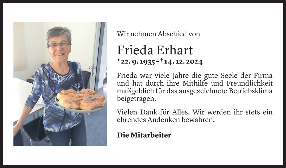  Todesanzeige für Elfrieda Erhart vom 17.12.2024 aus Vorarlberger Nachrichten