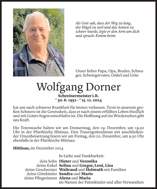 Todesanzeige von Wolfgang Dorner von Vorarlberger Nachrichten