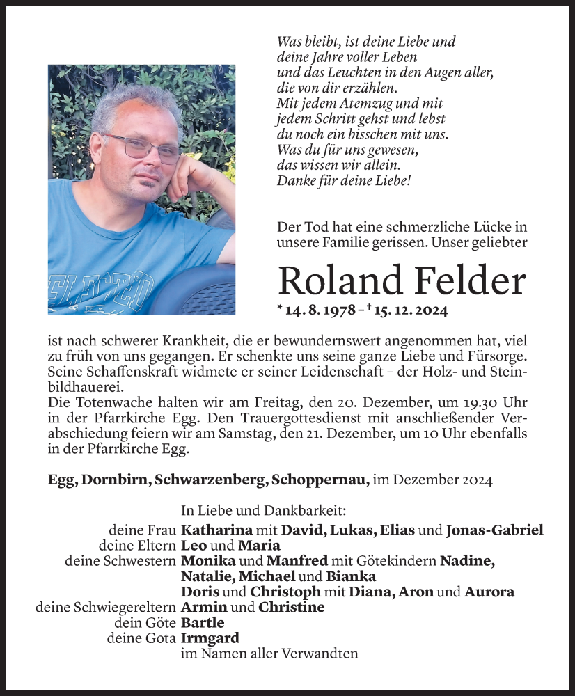  Todesanzeige für Roland Felder vom 17.12.2024 aus Vorarlberger Nachrichten