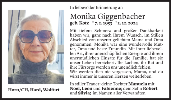 Todesanzeige von Monika Giggenbacher von Vorarlberger Nachrichten