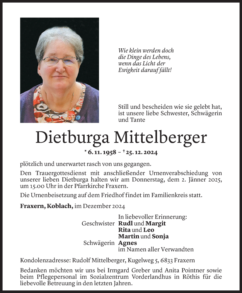  Todesanzeige für Dietburga Mittelberger vom 30.12.2024 aus Vorarlberger Nachrichten