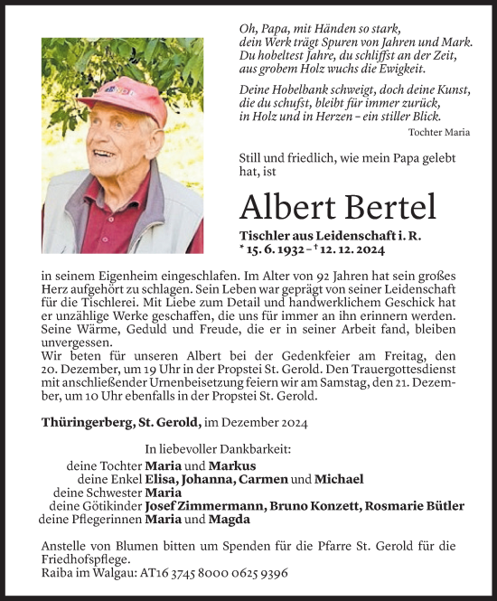 Todesanzeige von Albert Bertel von Vorarlberger Nachrichten