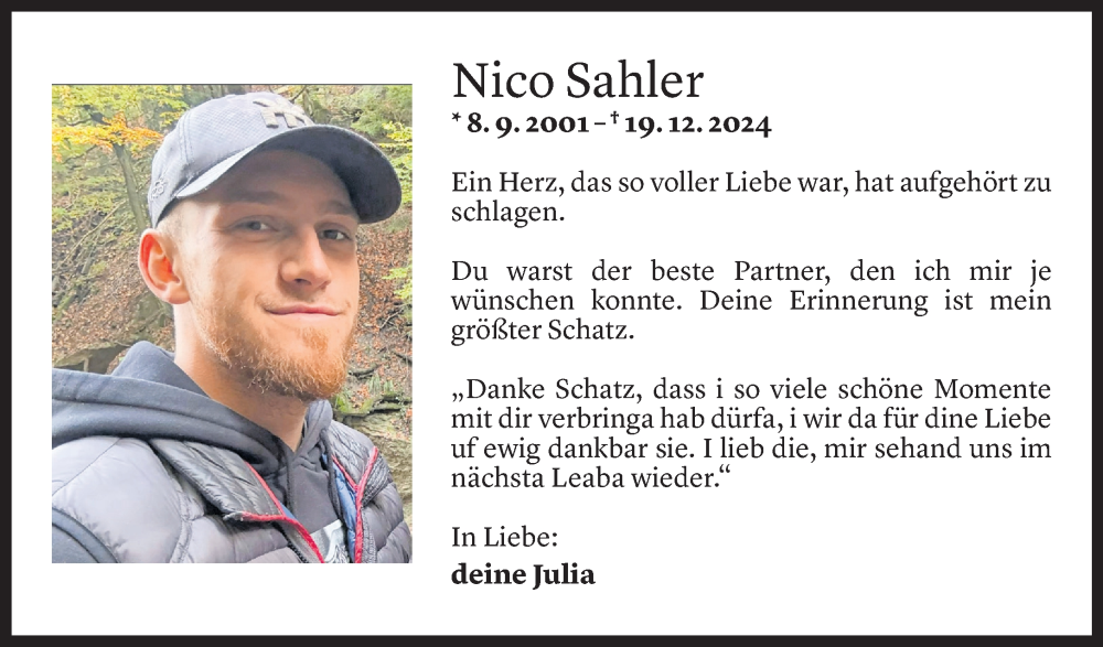  Todesanzeige für Nico Sahler vom 28.12.2024 aus Vorarlberger Nachrichten