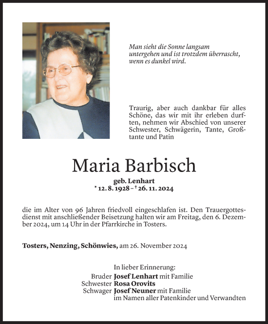 Todesanzeige von Maria Barbisch von Vorarlberger Nachrichten