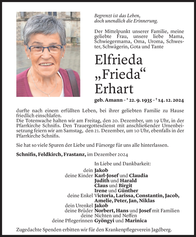  Todesanzeige für Elfrieda Erhart vom 17.12.2024 aus Vorarlberger Nachrichten