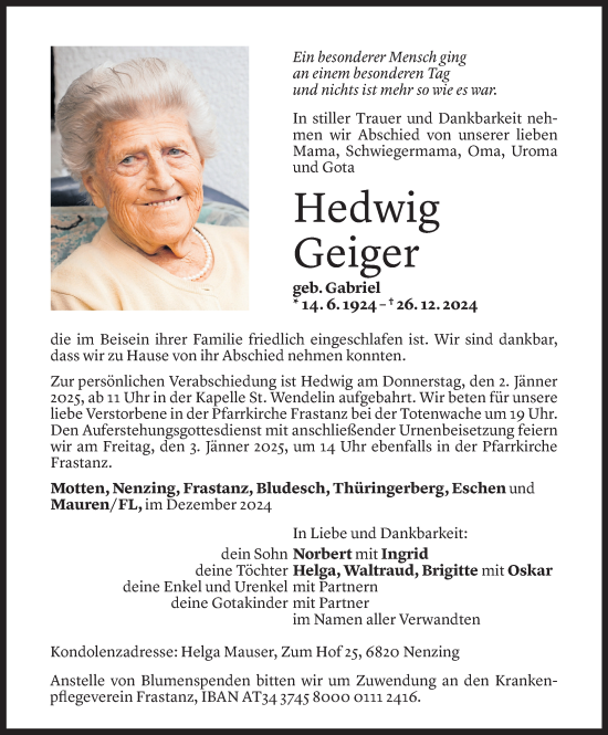 Todesanzeige von Hedwig Geiger von Vorarlberger Nachrichten