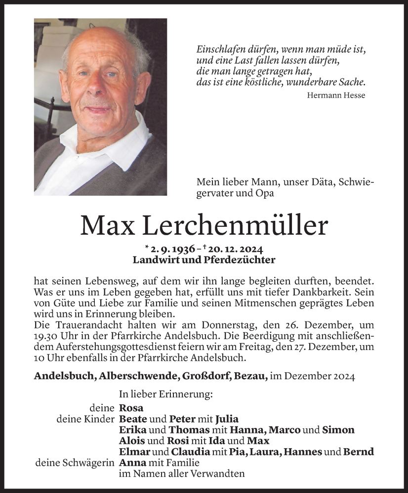  Todesanzeige für Max Lerchenmüller vom 23.12.2024 aus Vorarlberger Nachrichten