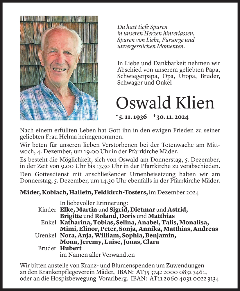  Todesanzeige für Oswald Klien vom 02.12.2024 aus Vorarlberger Nachrichten