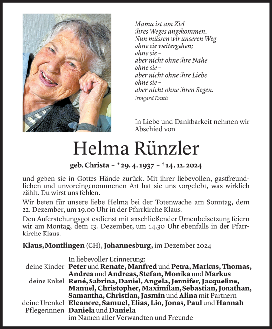 Todesanzeige von Helma Rünzler von Vorarlberger Nachrichten