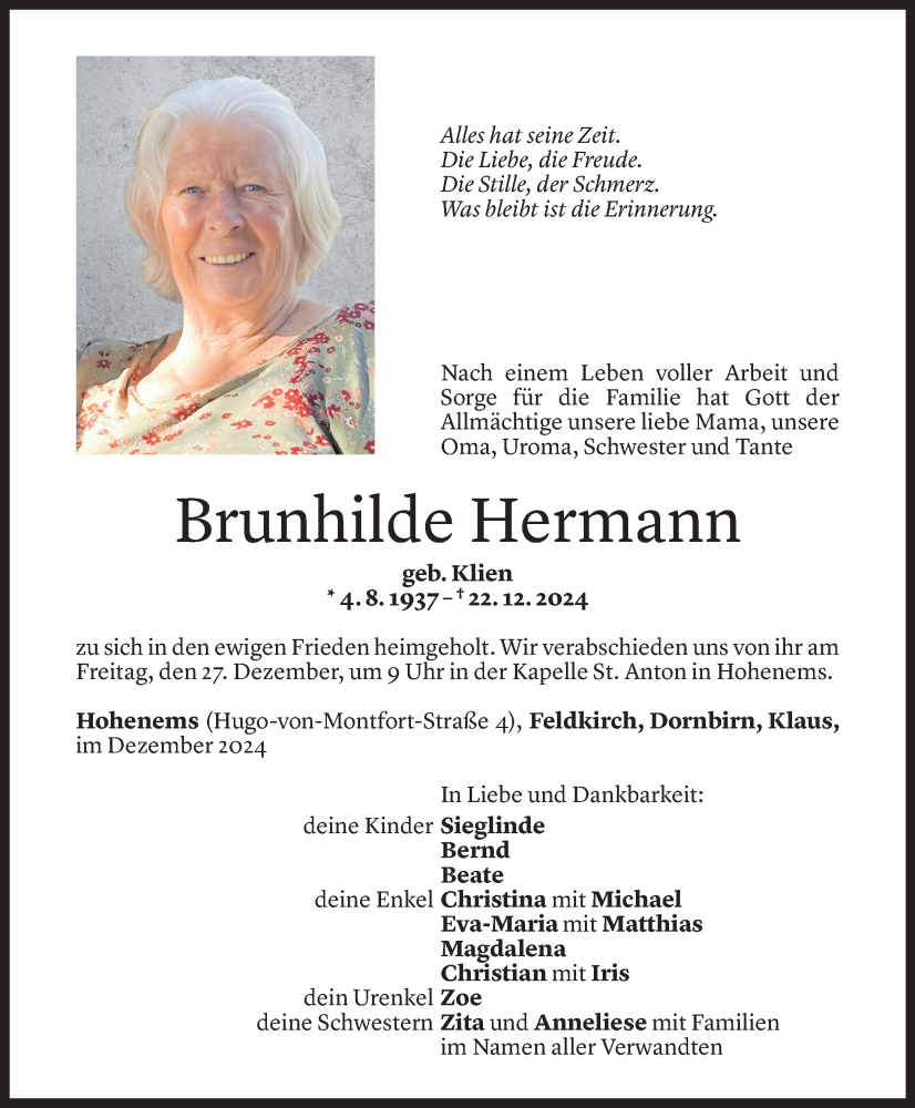  Todesanzeige für Brunhilde Hermann vom 23.12.2024 aus Vorarlberger Nachrichten