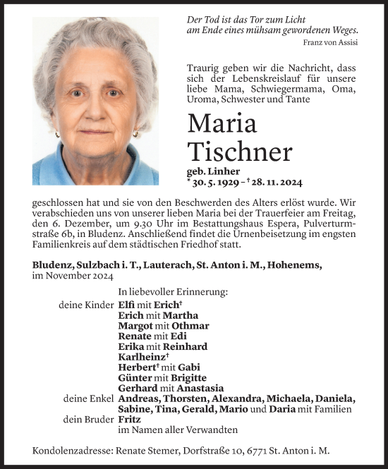 Todesanzeige von Maria Tischner von Vorarlberger Nachrichten