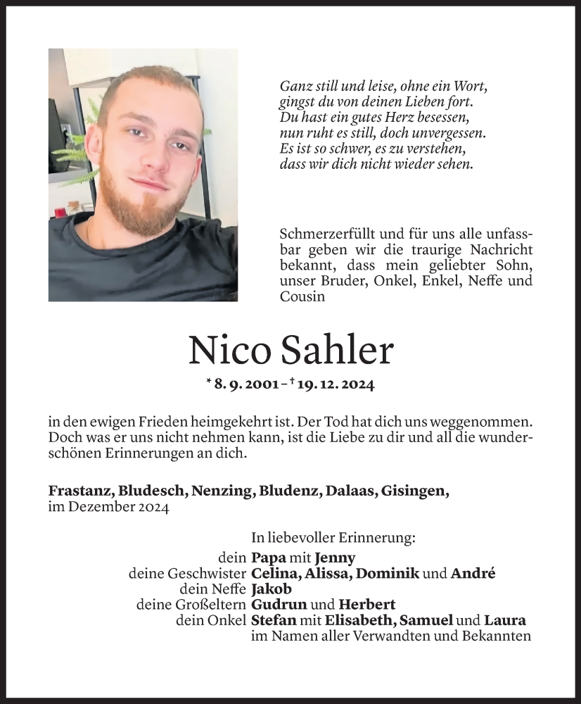  Todesanzeige für Nico Sahler vom 28.12.2024 aus Vorarlberger Nachrichten