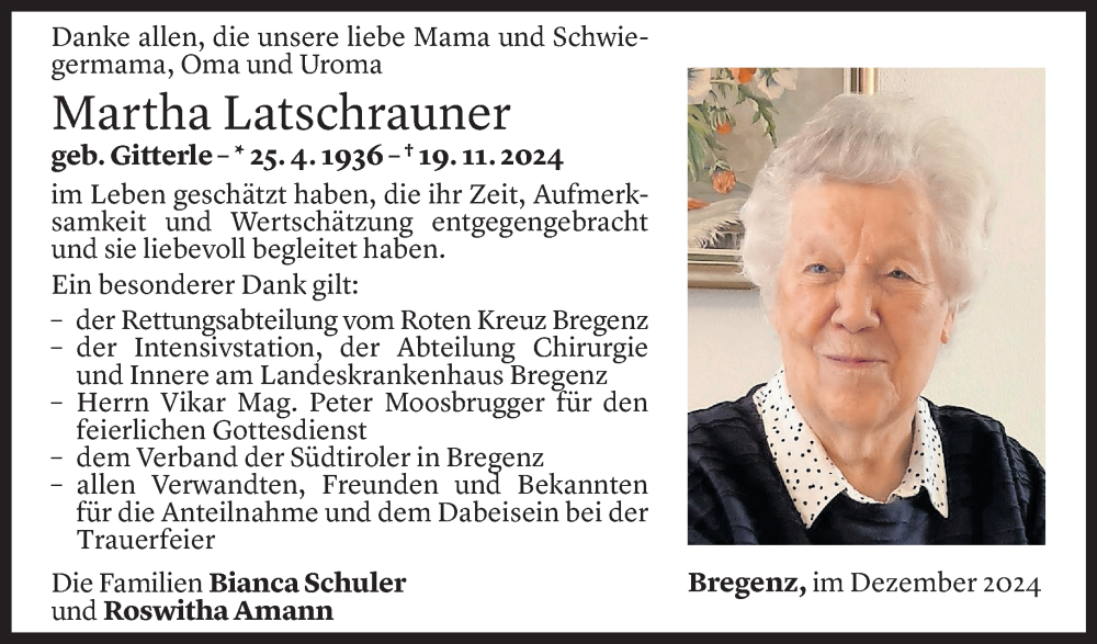  Todesanzeige für Martha Latschrauner vom 13.12.2024 aus Vorarlberger Nachrichten